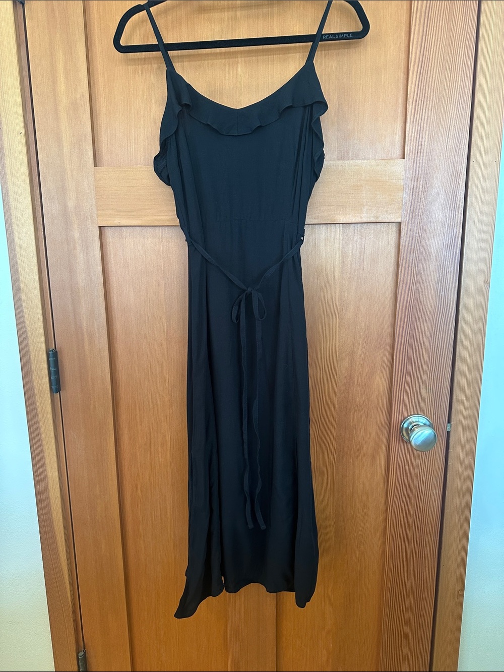 New Look Black Ruffle-Trim Midi Slip Dress with Tie Waist
